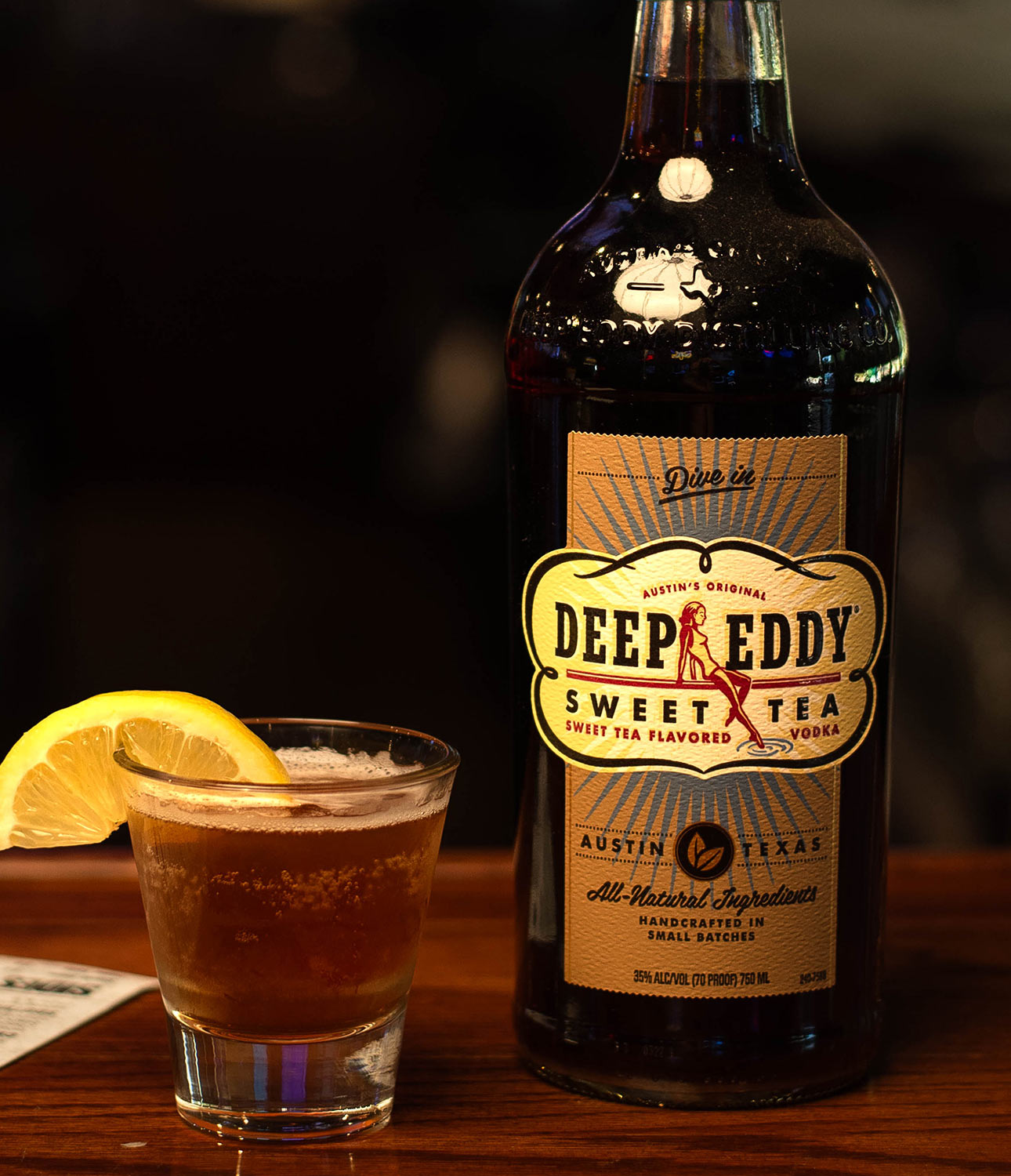 Deep Eddy Sweet Tea garnished with a lemon