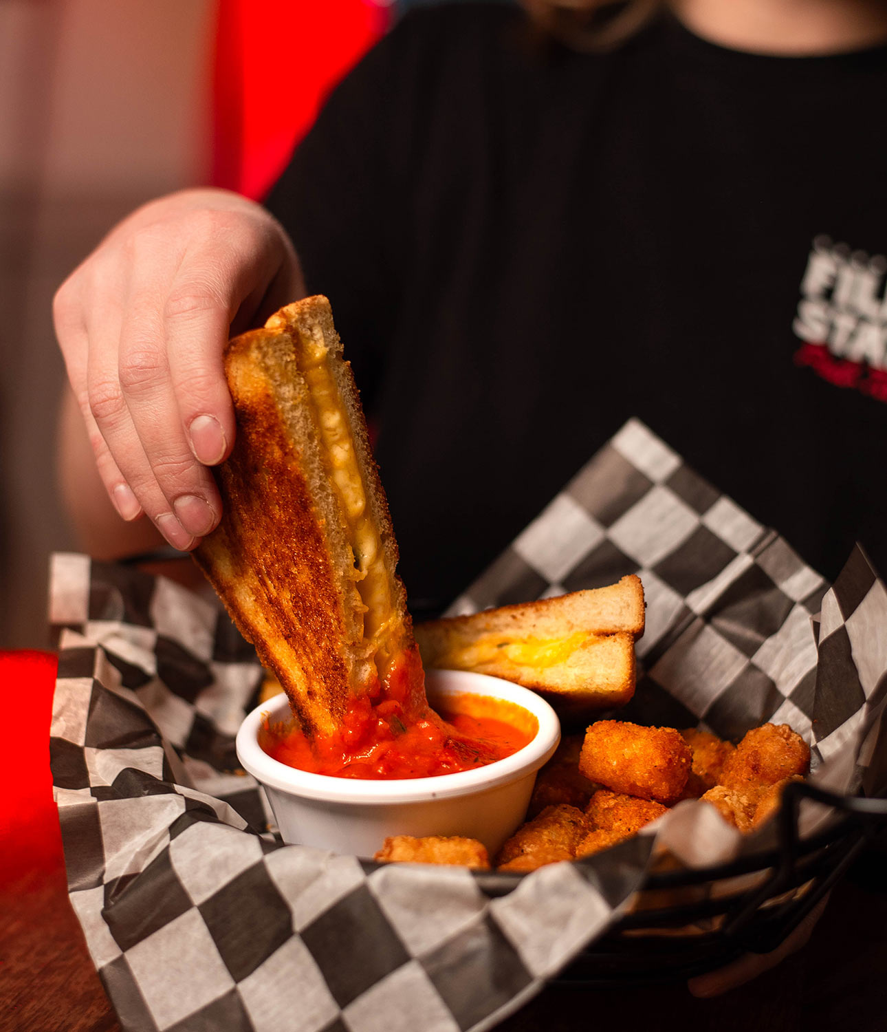 Grilled cheese, tomato soup, and tots from the Filling Station
